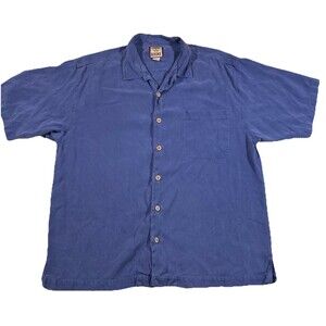 Tommy Bahama 100% Silk Herringbone Short Sleeve Camp Shirt Blue Men's Large Y2K